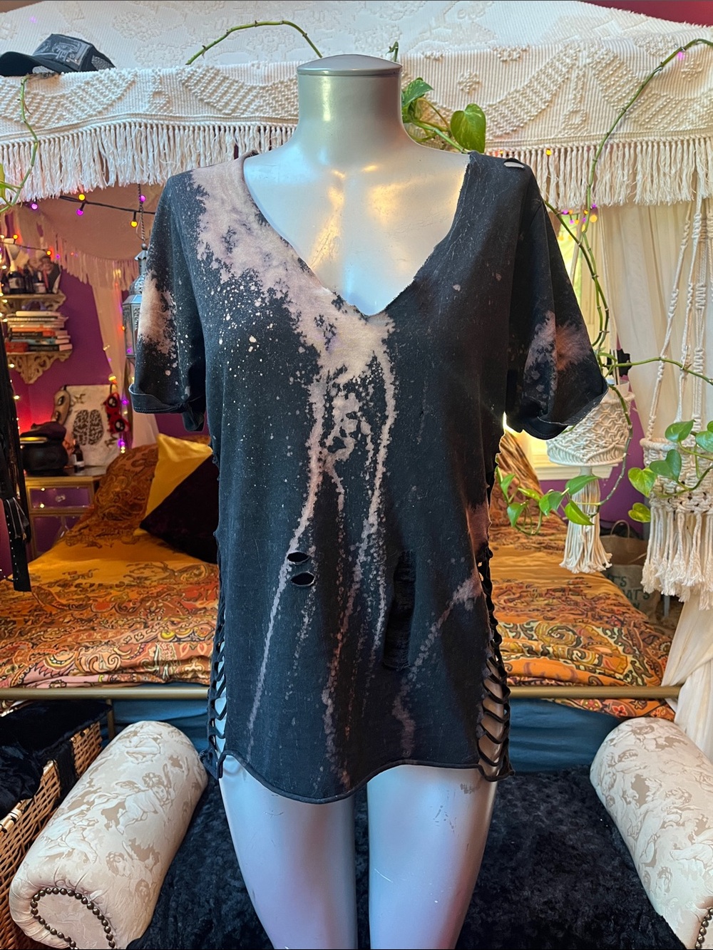 Y2K Grunge distressed shredded ripped cut out sides bleach splatter T-shirt